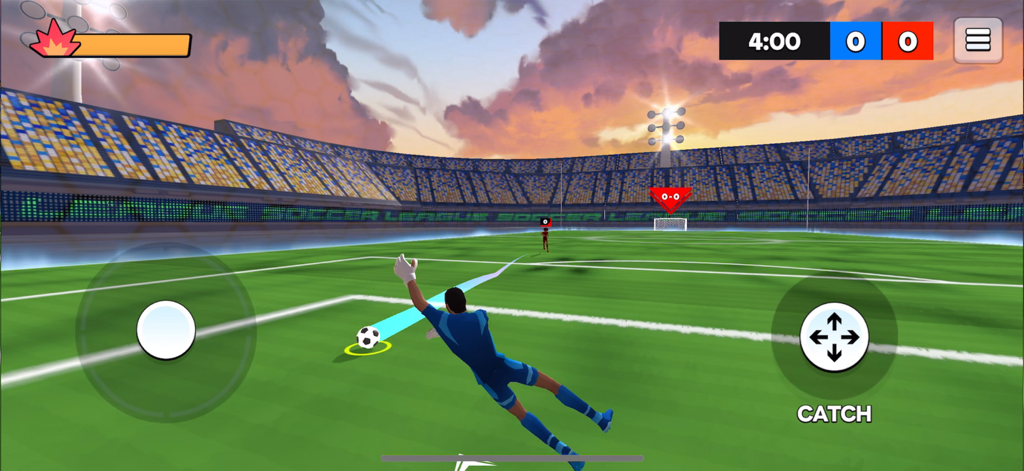 Soccer League - Football Match - アーケードスタジアムで、青いユニフォームのゴールキーパーがサッカーボールをキャッチするためにダイビングしている様子