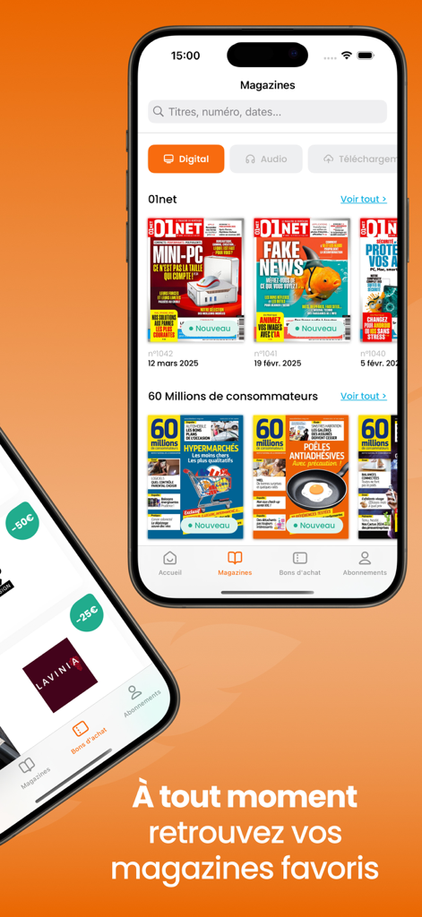 Un écran de smartphone montrant la bibliothèque de magazines numériques de l'application Press Connect avec des catégories comme Numérique et Audio