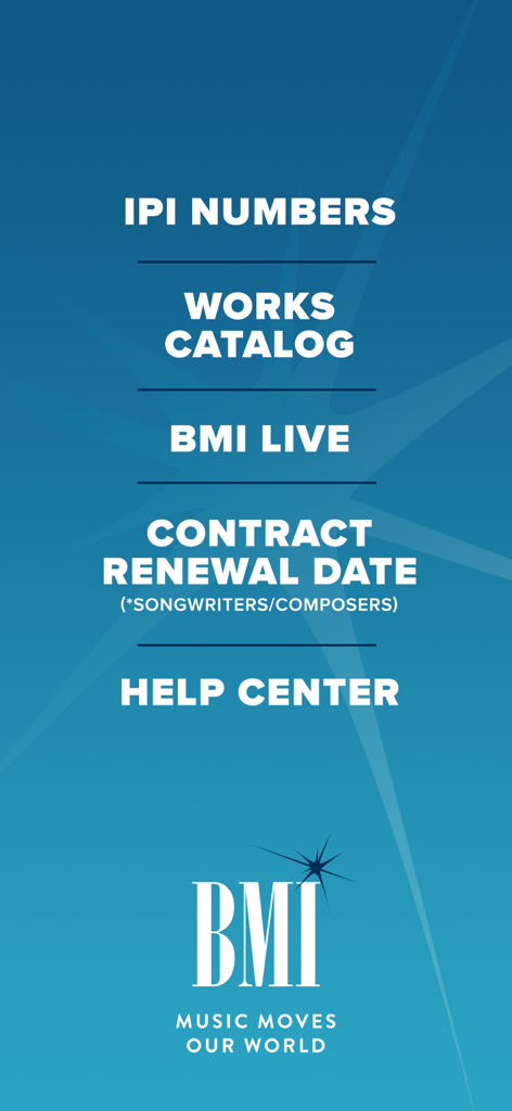 BMI Online Services mobile app screen showing a menu with IPI numbers, works catalog, BMI Live, and contract renewal date