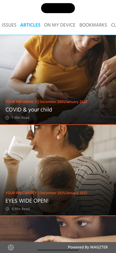 Your Pregnancy SA - Captura de pantalla de la aplicación Tu Embarazo SA que muestra una lista de artículos sobre paternidad y salud infantil.