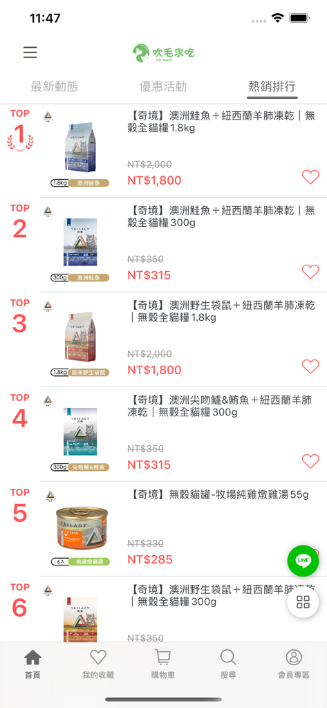 吹毛求吃寵物商城 - Mobile app interface of Chuimaoqiuchi Pet Mall showing a top ranking list of premium cat food products.