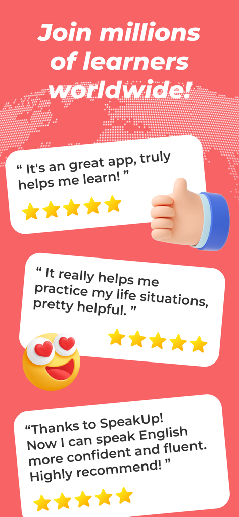 Three positive user reviews and five star ratings for the Speakup AI English learning app