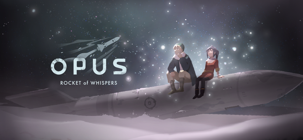 Two characters sitting on a large rocket under a starry night sky in OPUS Rocket of Whispers