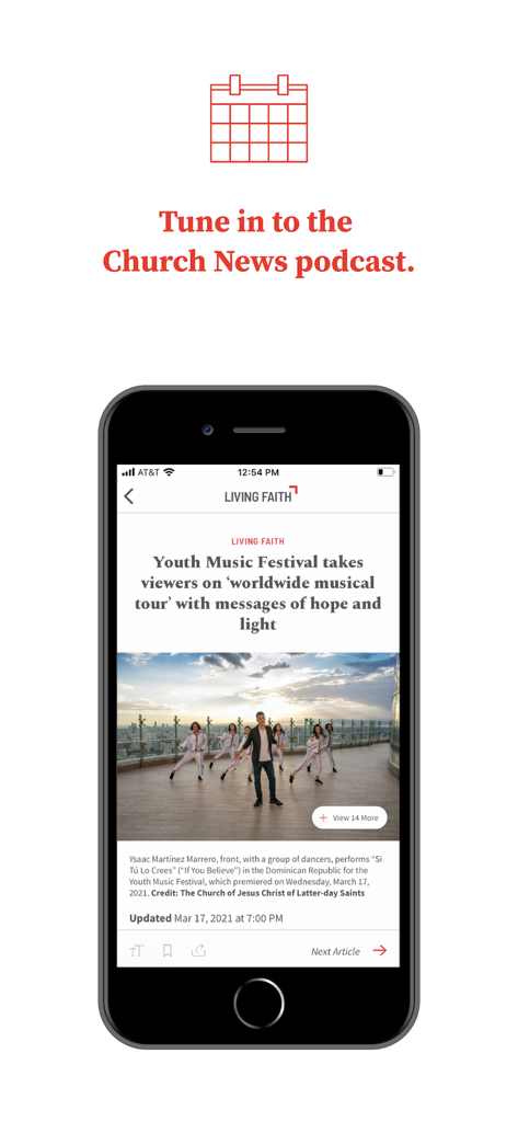 Church News - Captura de pantalla de la aplicación Noticias de la Iglesia que presenta un artículo sobre el Festival de Música Juvenil y una indicación para escuchar el podcast de Noticias de la Iglesia.