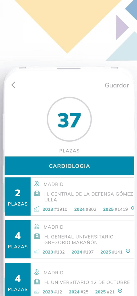 PostMIR - PostMIR app screen showing a list of Cardiology residency positions in Madrid hospitals with historical ranking data.