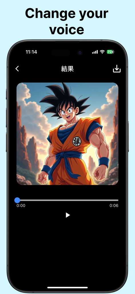 AIVoice：ai voice changer, - Pantalla de resultados del cambiador de voz IA con un personaje de anime y reproductor de audio
