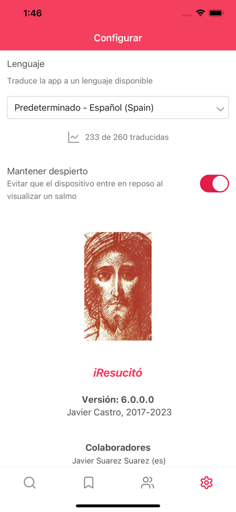 Écran des paramètres de l'application iResucitó montrant les options de langue et un interrupteur pour maintenir l'appareil allumé lors de la visualisation des chants
