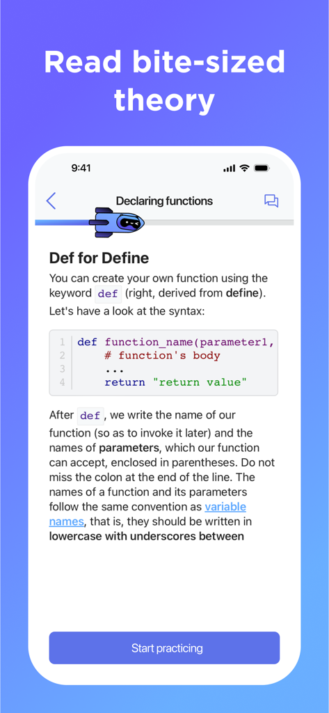 Hyperskill: Learn to Code - Hyperskill app mobile screen showing a bite sized coding theory lesson on declaring functions in Python