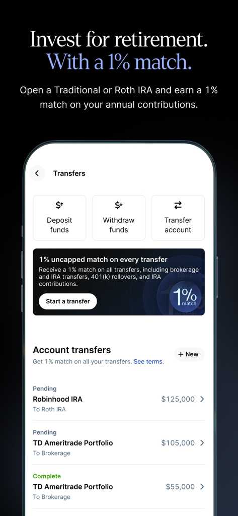 Public: Invest & Trade - 1%マッチングオファー付きの退職口座移行のためのPublicアプリ画面。