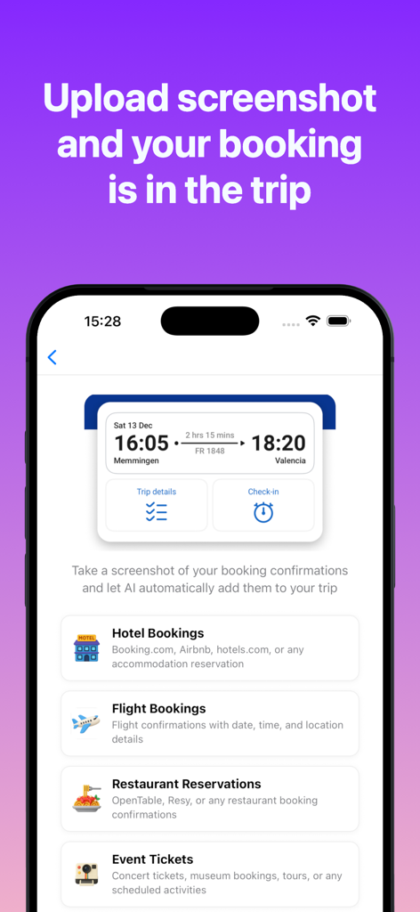 FlowTrip AI Group Trip Planner - FlowTrip AI mobile app screen showing the feature to upload screenshots of travel bookings to automatically add them to an itinerary.