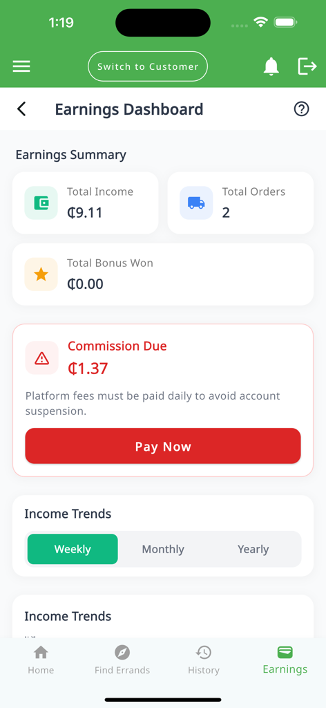 Errand-Earn - Errand Earn Einnahmen-Dashboard mit Einkommensübersicht und Provisionsdetails