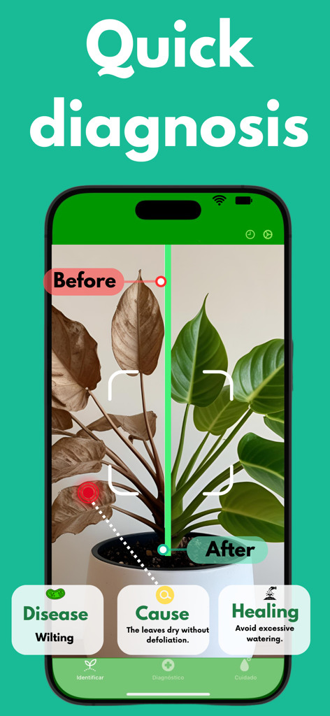 Plantsnap Plant Identifier - Plantsnap mobile app interface showing plant health diagnosis and care instructions for wilting leaves