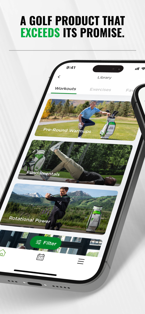 GOLFFOREVER - GOLFFOREVER app library screen showing pre-round warmups and rotational power workouts.