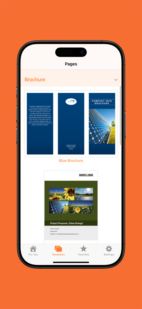 Templates for Pages Pro - iPhone-App-Bildschirm mit Broschüren- und Projektvorschlagvorlagen für Apple Pages.