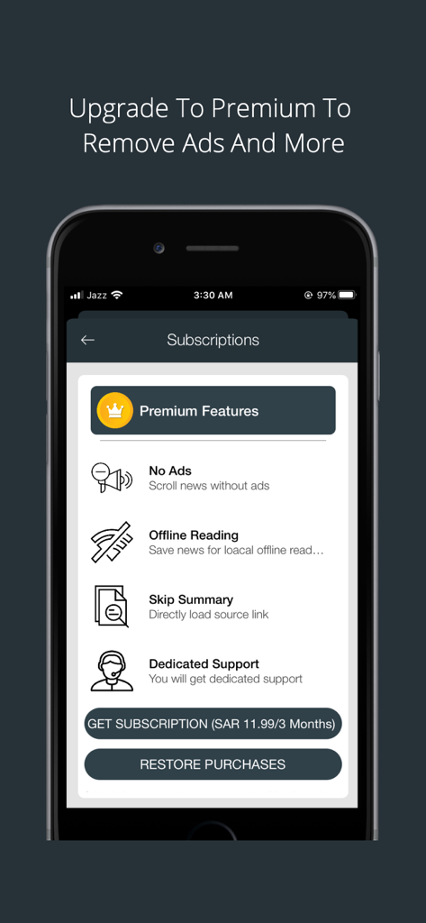 Israel News Today app premium subscription screen showing features like no ads and offline reading