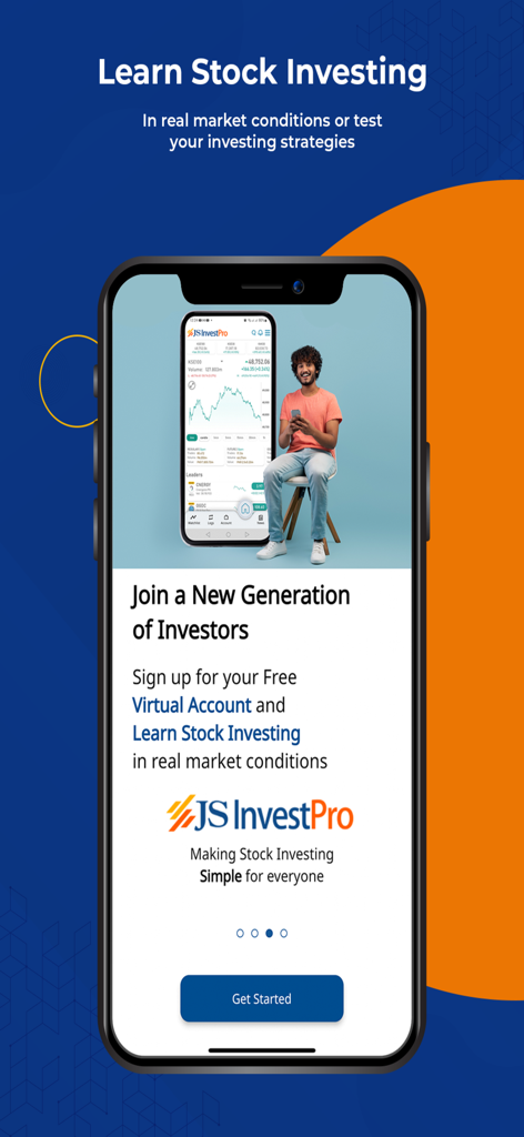 JS InvestPro - JS InvestPro mobile app interface showcasing a free virtual account for learning stock investing in real market conditions