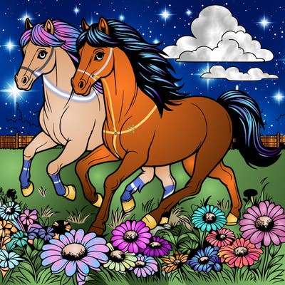 realistic horses running through a field of flowers