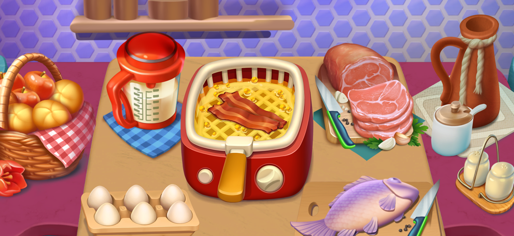 Cooking Rage - Restaurant Game - Un mostrador de cocina con ingredientes frescos como tocino, huevos, carne y pescado en el juego Cooking Rage