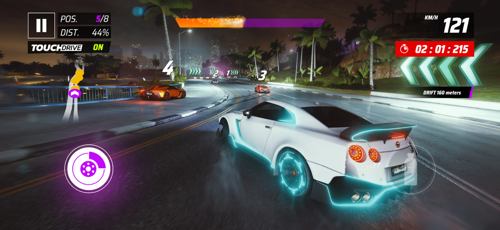 Asphalt Legends - Racing Game - 아스팔트 레전드에서 밤의 도시 거리를 질주하고 드리프트하는 흰색 스포츠카