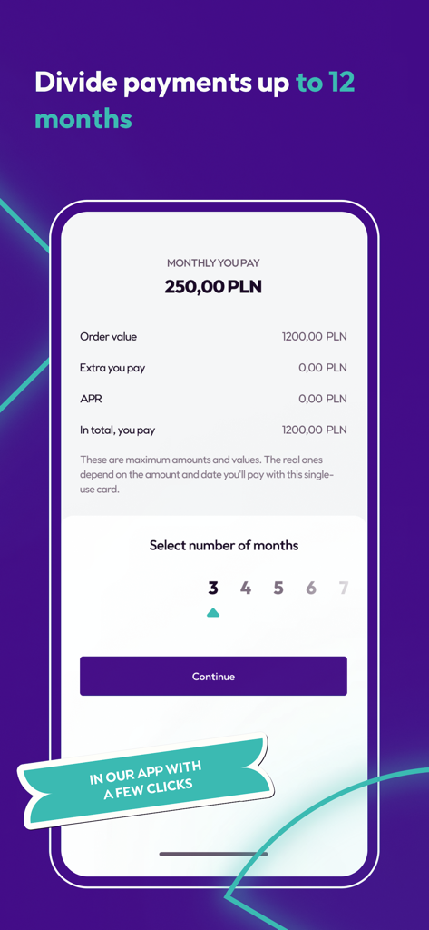 Interfaz de la aplicación móvil Twisto que muestra opciones para dividir los pagos en cuotas mensuales