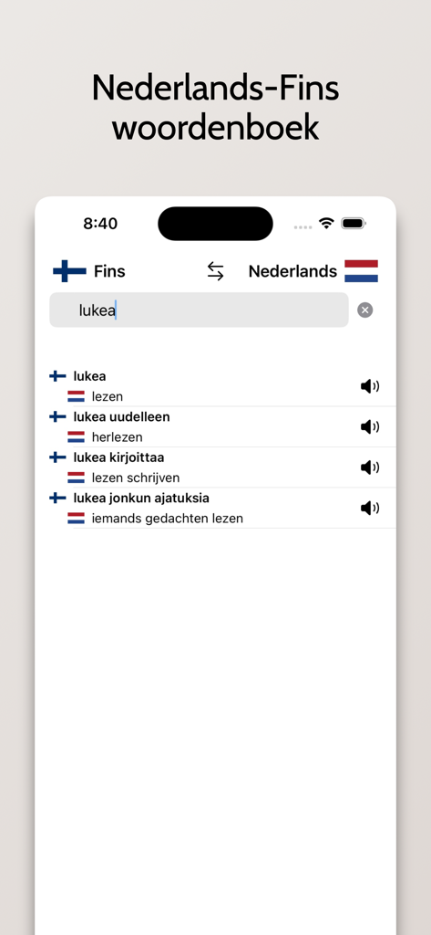 Fins-Nederlands woordenboek - Finnish to Dutch dictionary app showing translation results for the word lukea on a smartphone screen.