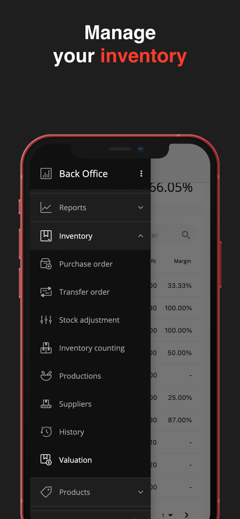 Alto’s POS & Inventory System - Menu latéral de gestion des stocks de l'application mobile Alto’s POS montrant les bons de commande et les options d'ajustement des stocks