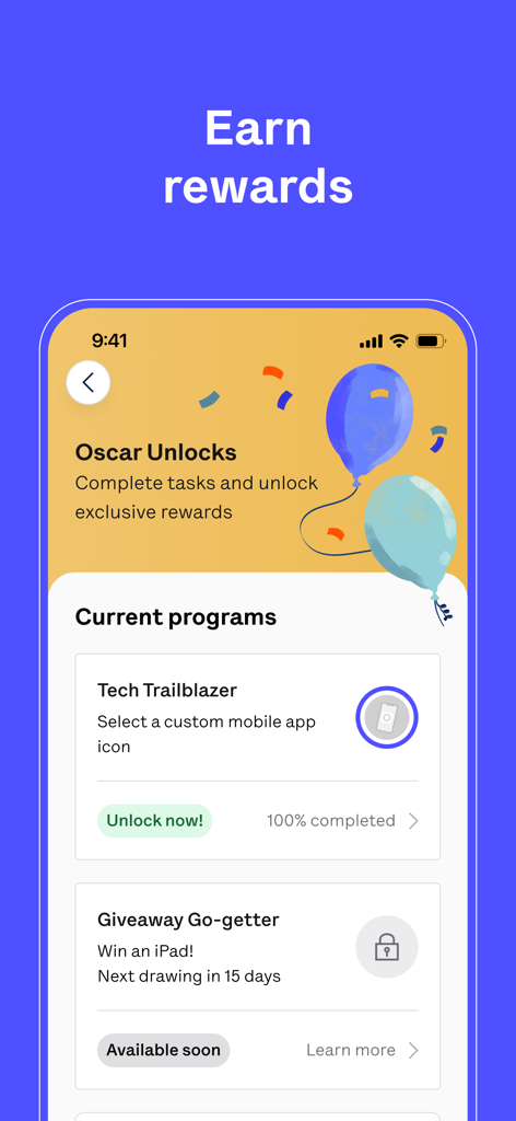Oscar Health - Oscar Health app screen displaying the Oscar Unlocks rewards program with active tasks and completed goals