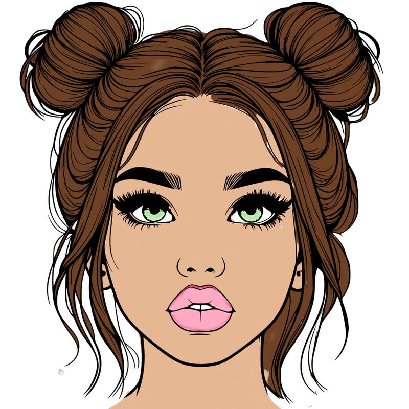 realistic girl with two buns on her hair and lips