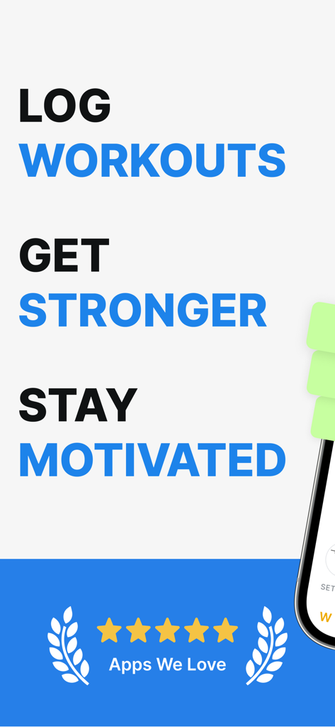 Hevy workout tracker promo screen featuring text Log Workouts Get Stronger Stay Motivated and a five star Apps We Love badge