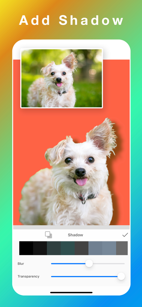 Background Eraser: Bg Remover+ - Mobile app interface showing a dog photo cutout with an added shadow effect and editing sliders for blur and transparency