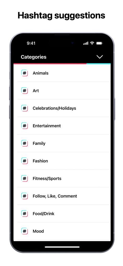 TikWidgets app interface displaying a list of TikTok hashtag categories for creators