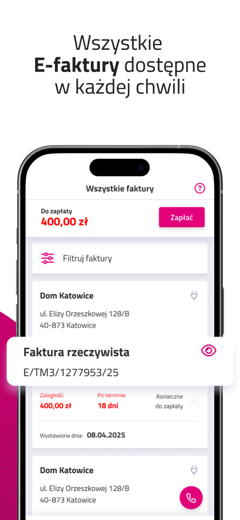 Mój TAURON - Una schermata mobile dall'app Moj TAURON che mostra un elenco di fatture elettroniche energetiche con opzioni di pagamento e dettagli di fatturazione in polacco.