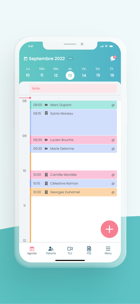 Maiia Pro - Daily schedule view in the Maiia Pro app for medical professionals showing patient appointments.