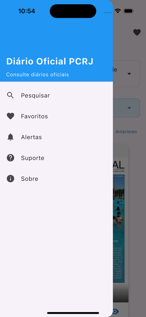 Side menu of the Diario Oficial PCRJ app displaying options for search favorites and alerts