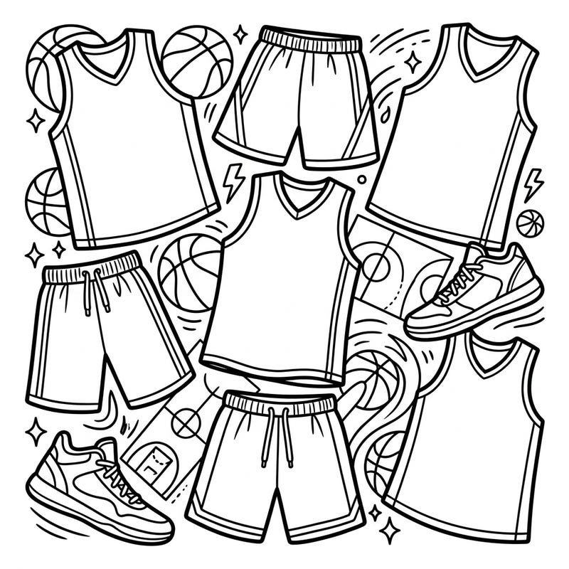 Get ready to hit the court with this exciting basketball activewear coloring page! Featuring all the essential gear like jerseys, shorts, and sneakers, it's perfect for young athletes and sports enthusiasts alike.