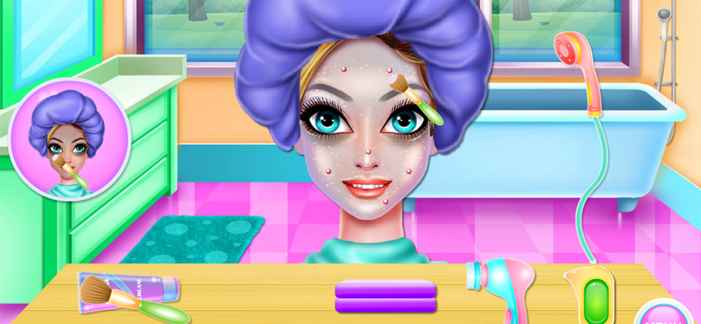 Niña con una toalla en el pelo y purpurina facial recibiendo un tratamiento de cambio de imagen en un spa en un baño