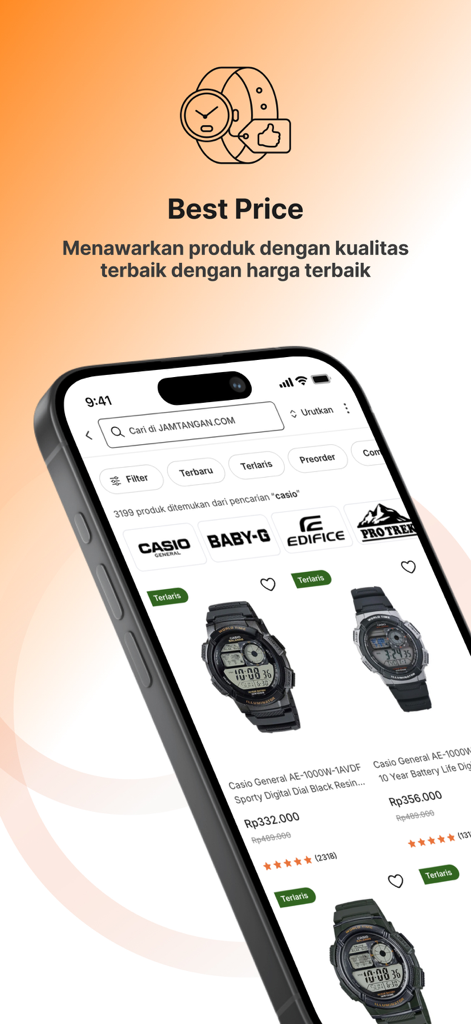 Jamtanganアプリの画面。Casio時計の検索結果と価格が表示され、最安値保証が付いています。