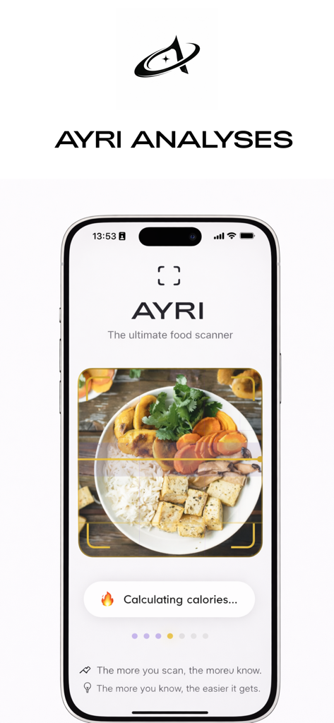 Interfaz de la aplicación móvil AYRI que muestra un plato de comida siendo escaneado por IA para calcular calorías