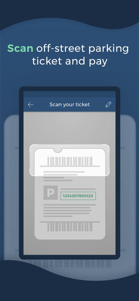 ParkDots app interface showing the feature to scan and pay for off-street parking tickets