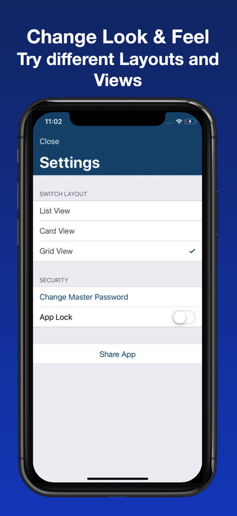 Vault app settings screen displaying layout view choices and security options like master password and app lock