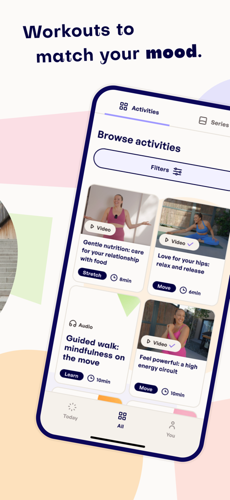 Mila by Camilla Lorentzen - Mila app interface showing a list of fitness and mindfulness activities categorized by mood.