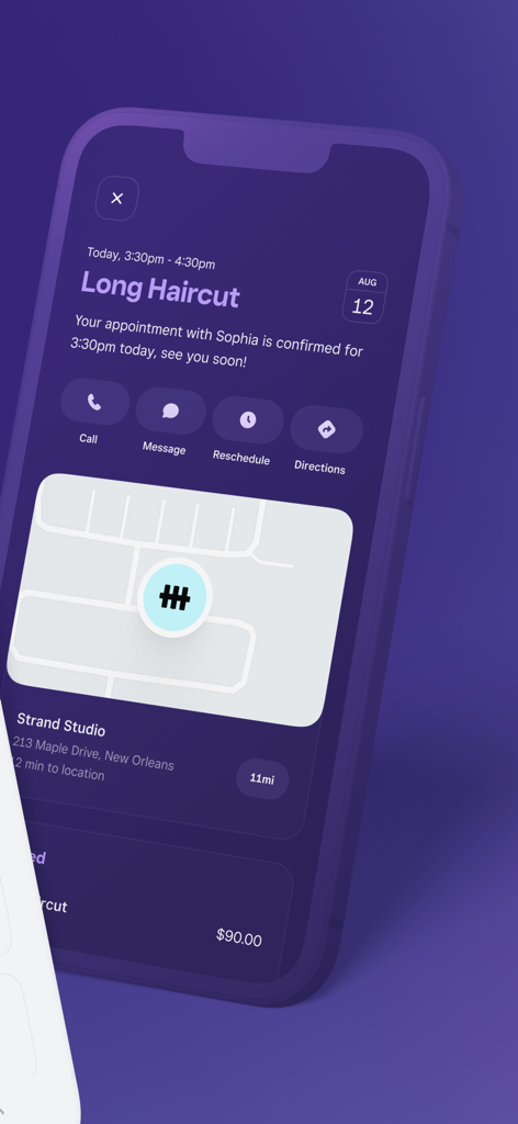 Square Go - Écran de l'application mobile Square Go montrant les détails d'un rendez-vous de coiffure pour Strand Studio, y compris l'heure, le lieu et les options de contact