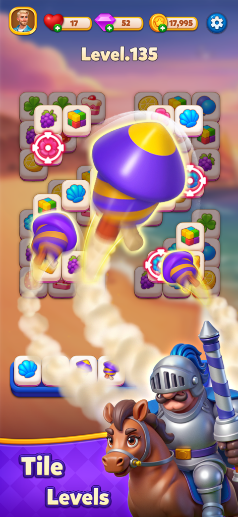 Merge Tile: Match & Merge - Merge Tile match three puzzle level with rocket power ups and a knight character