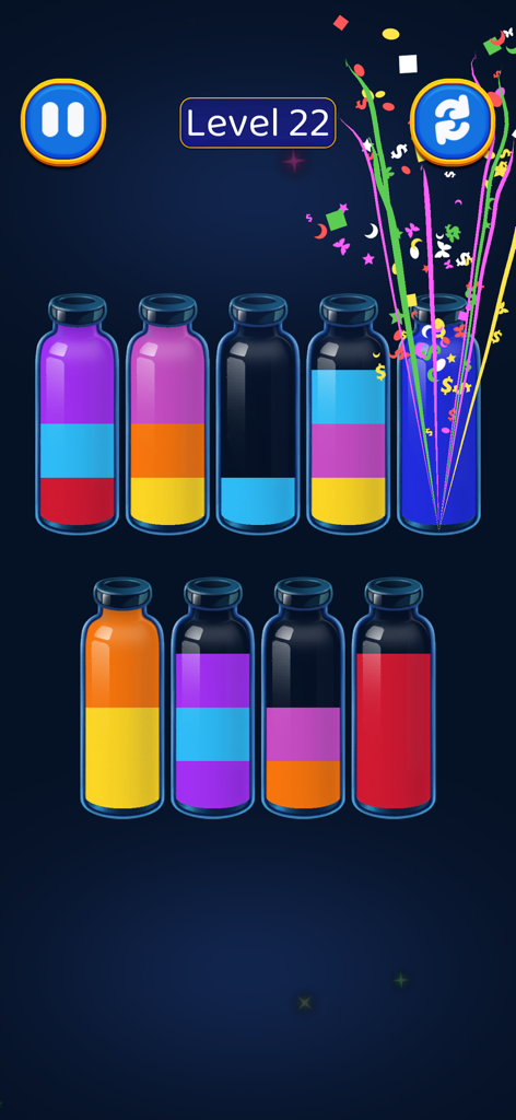 Water Sort Puzzle -Color Magic - Jugabilidad de Water Sort Puzzle Color Magic mostrando líquidos de colores en tubos de vidrio y una celebración de fin de nivel con confeti