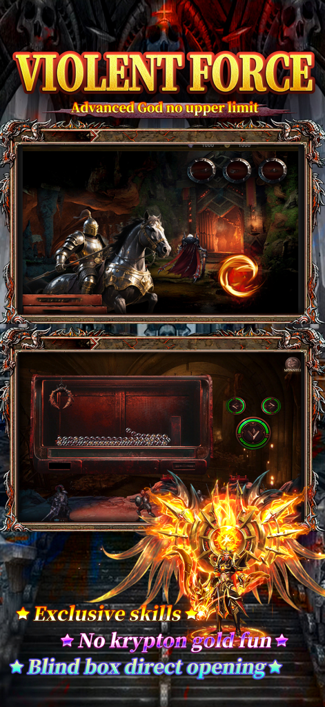 A dark fantasy RPG scene featuring an armored knight on a horse and a hero with large flaming wings.