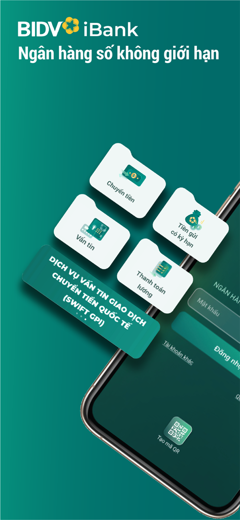 BIDV iBank - Interfaz de la aplicación móvil BIDV iBank que muestra servicios de banca corporativa y opciones de transferencia de dinero internacional.