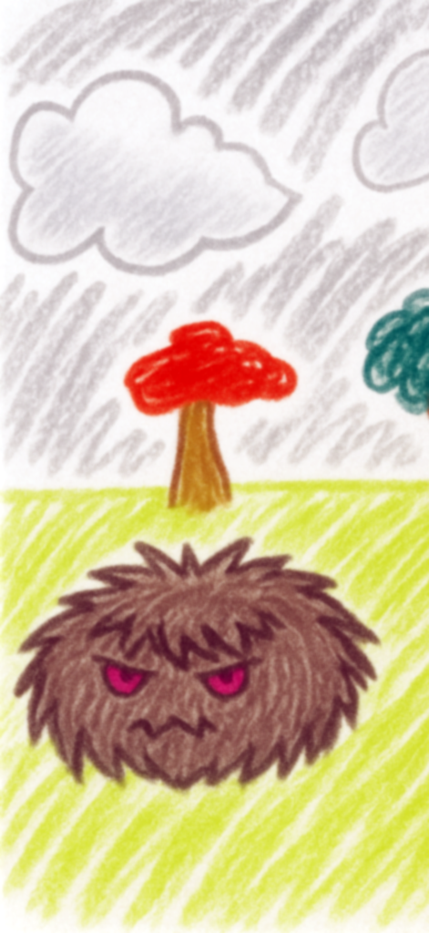 Symmetry Painter - Dibujo digital de un monstruo marrón gruñón en un campo cubierto de hierba con árboles y nubes creado en Symmetry Painter.