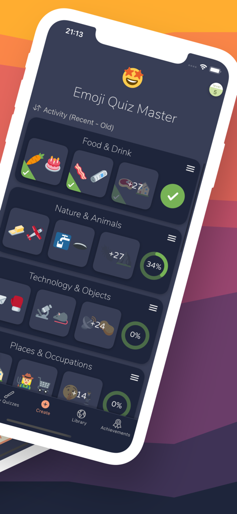 Emoji Quiz Master - La interfaz de la aplicación Emoji Quiz Master mostrando varias categorías de acertijos como Comida y Bebida y Naturaleza y Animales con el progreso del usuario.