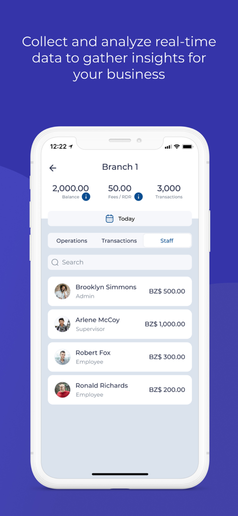 E-kyash Business - E-kyash Business 앱 화면 (직원 관리 및 비즈니스 지점 거래 통찰력 표시)