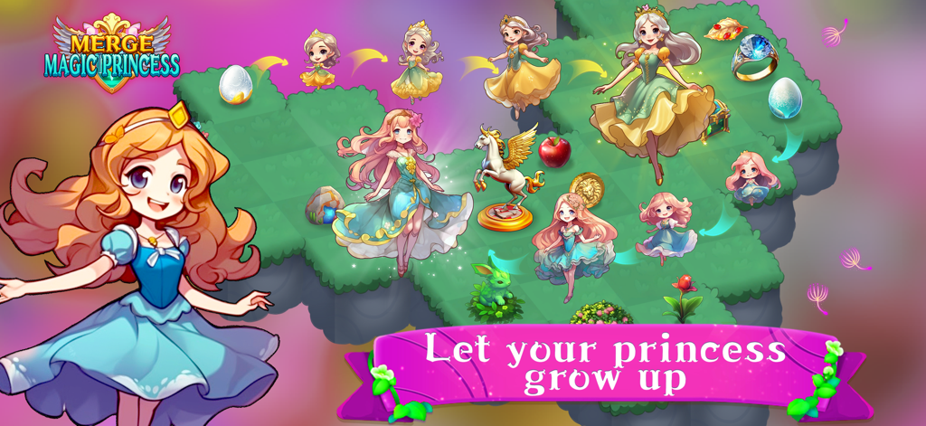 A game screen showing different stages of princess evolution from eggs to adults in Merge Magic Princess.